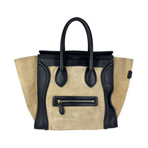 Celine Luggage Shopper Handbag Suede Leather Beige Tan Navy Blue